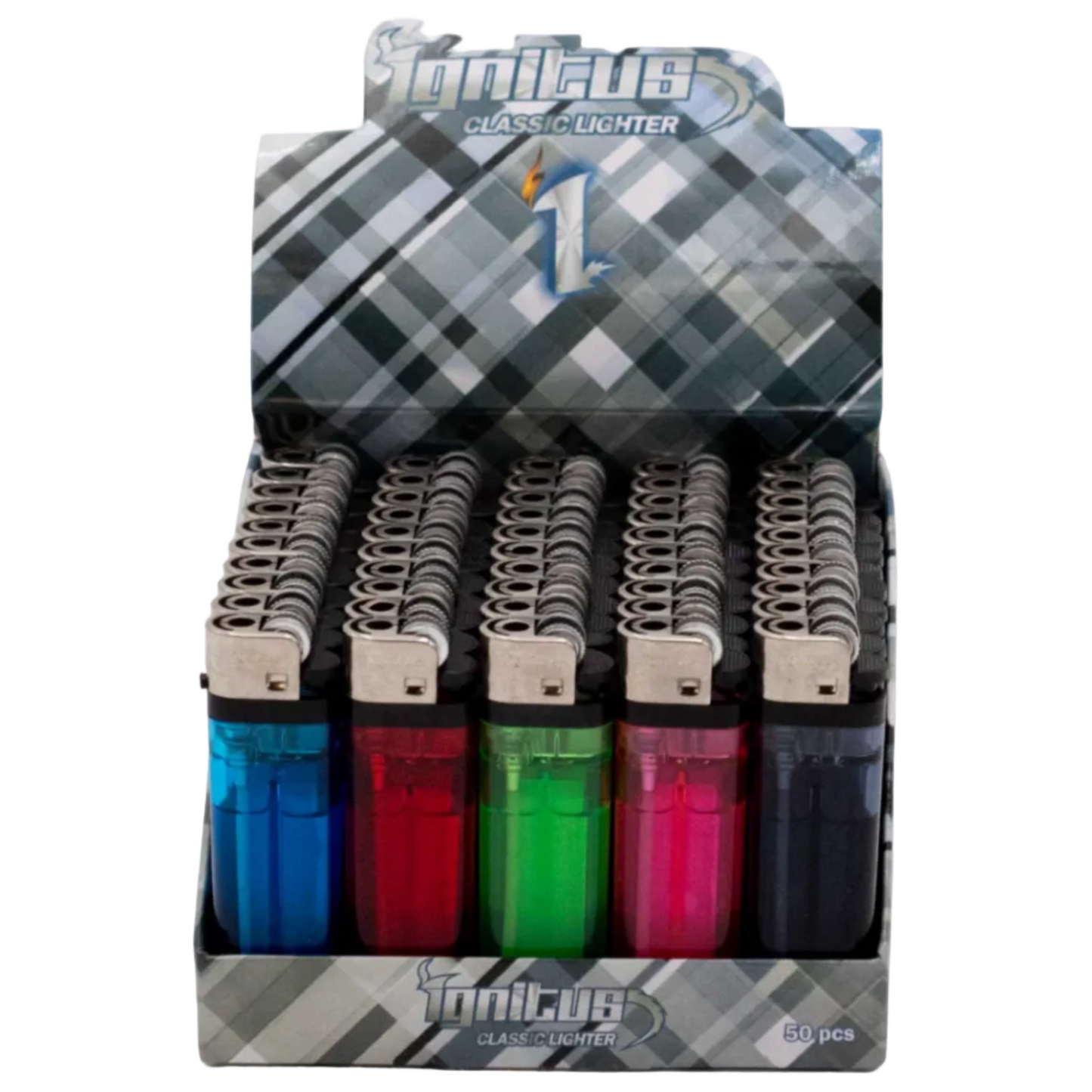 Packaged lighter set with colorful lighters and a checkered design on the packaging.