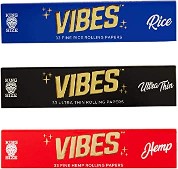 Vibes King Size Rolling Papers Mix of 3 Types Hemp, Rice and Ultra Thin 3 Booklet Papers Each 33 Sheets Vibes Uses Arabic Gum and Chlorine Free Technology - CORONA CASH AND CARRY
